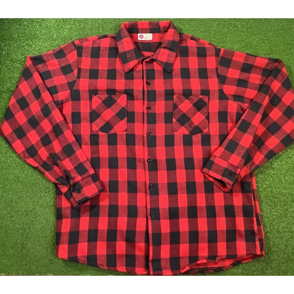 VTG 70s Sears Flannel Shirt 2XL Tall Lumberjack Buffalo Plaid Red 100% Cotton